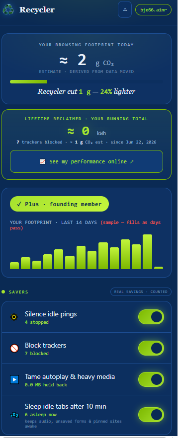 The Recycler side panel: footprint, lifetime score and live savers